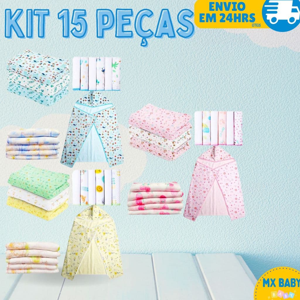 Kit Enxoval de Bebê 15 Peças - Fraldas de Pano, Cueiros, Toalha e Babetes - Qualidade e Conforto