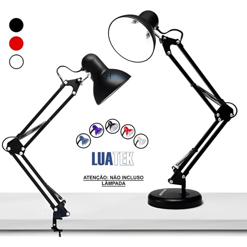 Luminária Mesa Pixar Escritório Abajur Articulada Com Garra E Base Preto Branca 88cm 110v/220v Casa