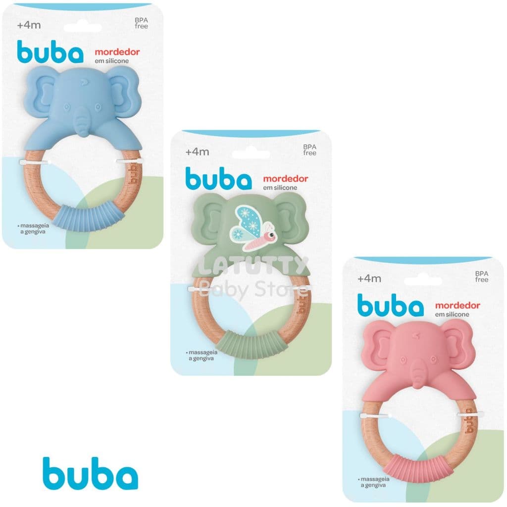 Buba Mordedor Bebê Silicone Bambu Massageador Gengiva Brinquedo Bebe Buba Elefantinho Azul Verde Rosa