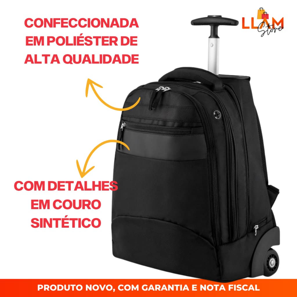 Mochila Executiva Reforçada com Rodinhas e Alça All Black | Poliéster 20 x 33 x 45 cm