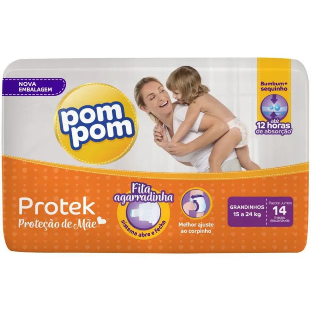 Fralda Pom Pom Protek Linha Grandinhos 14un Proteção Conforto Seco Bebê
