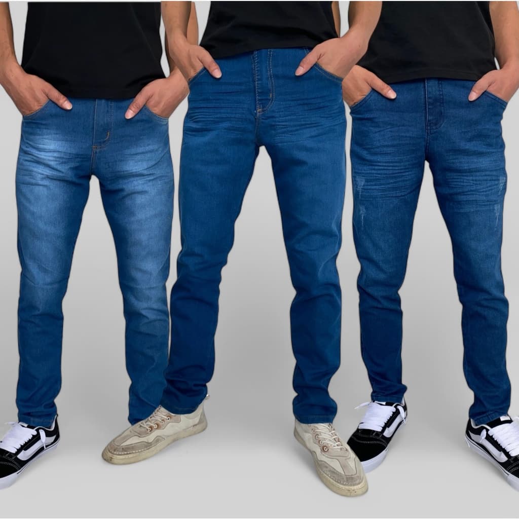 Kit com 3 Calças Slim Fit, Calça Reta e Calça Skinny Azul com Lycra Linha Premium