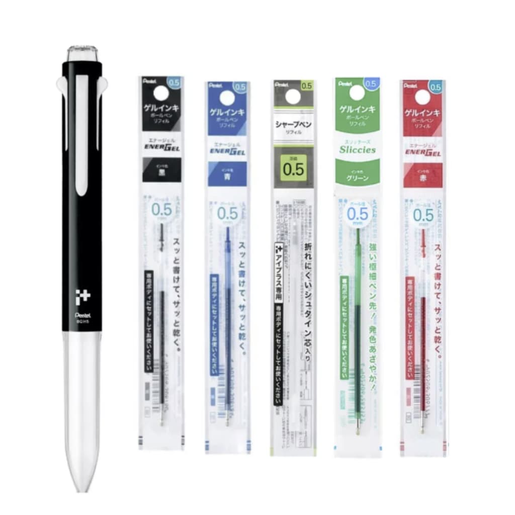 Kit Caneta Iplus Pentel 5 Gatilhos Preto + 4 Refis + Lapiseira