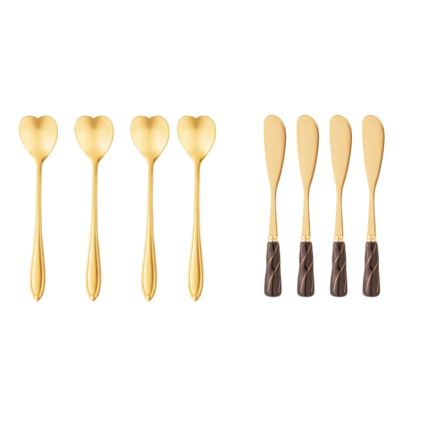 Kit 4 Colheres de Chá Aço Inox Heart/Coração Dourado + 4 Espátulas Aço Inox Cabo Cerâmico Dourado - Wolff