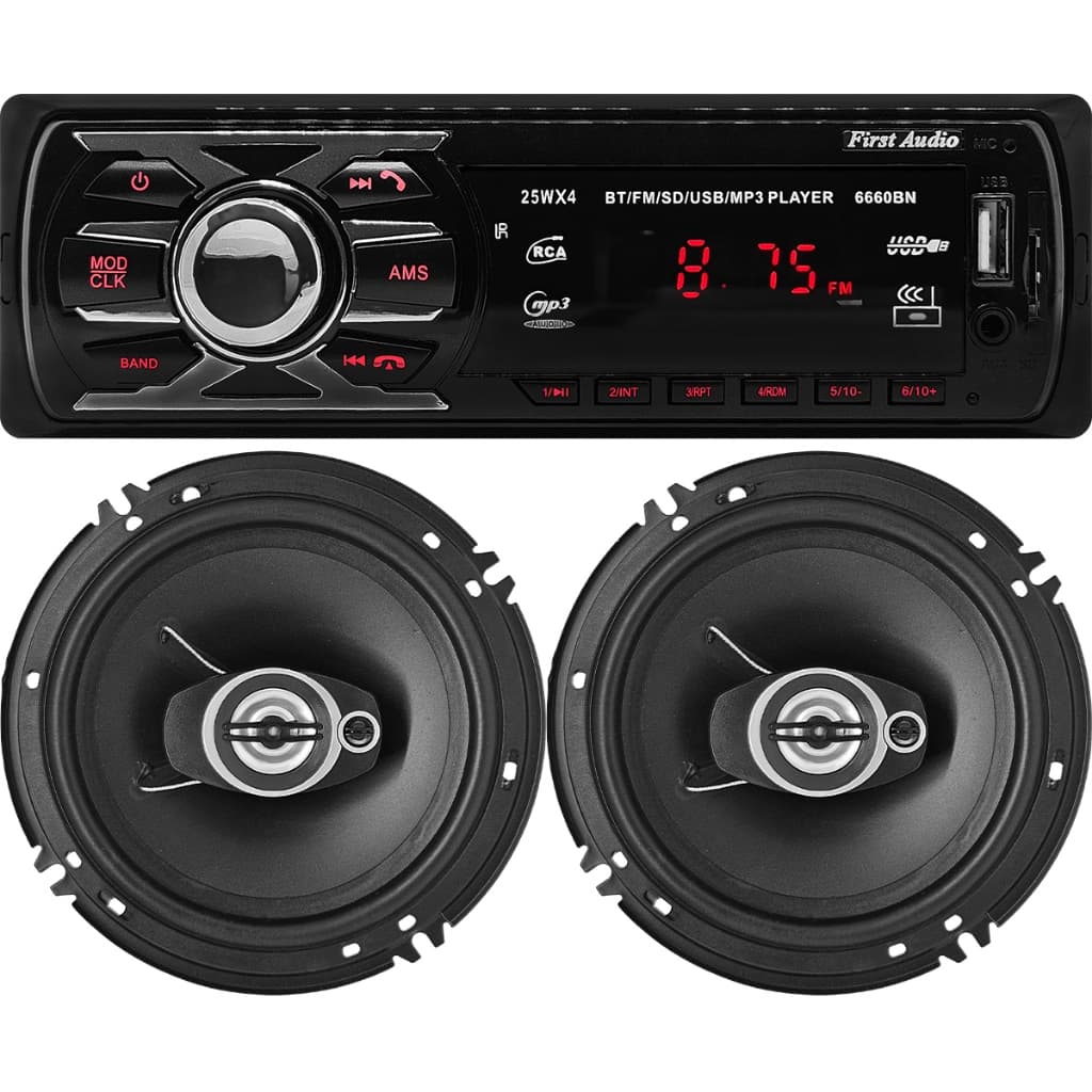 Kit Som Automotivo 6660BN & Alto Falantes 6 Polegadas MP3 1 Din Universal Bluetooth Leitor SD