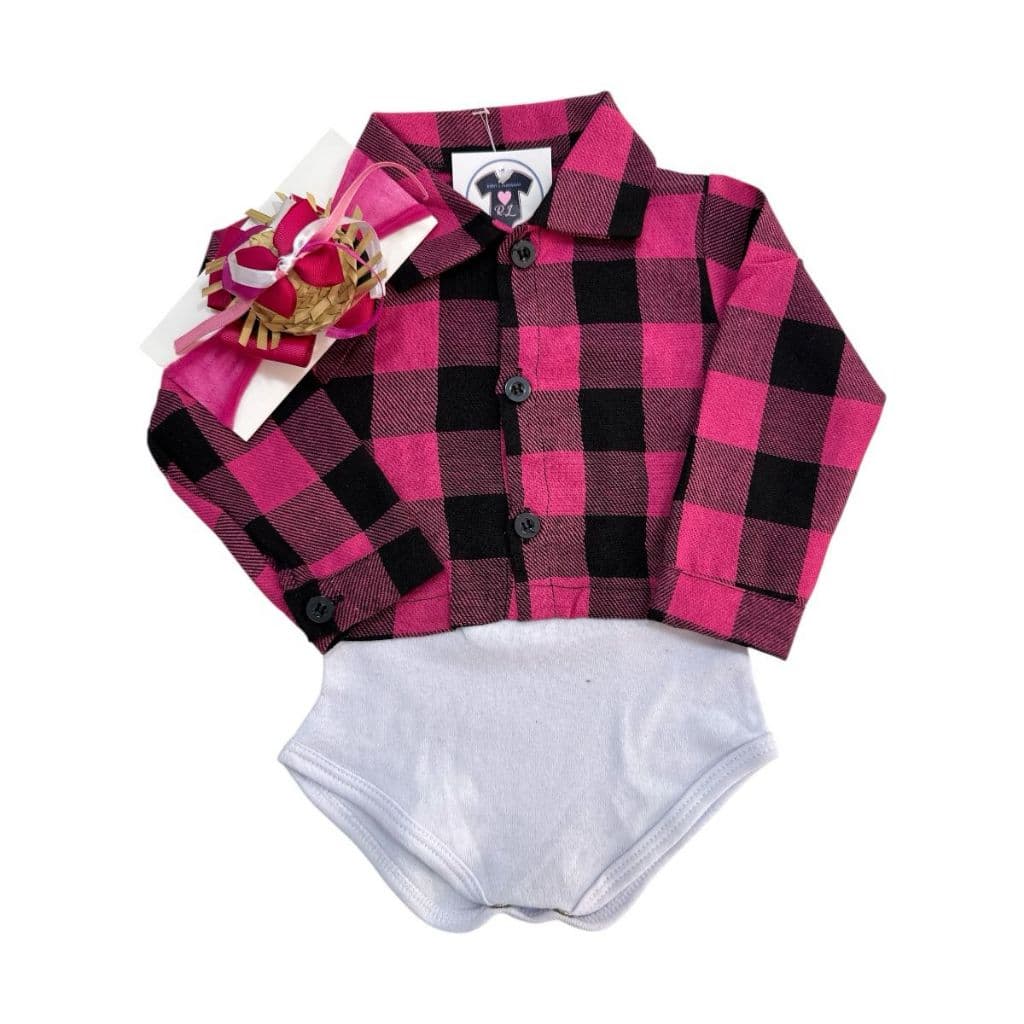 BODY BEBE -CAMISA XADREZ LONGA+LAÇO-FESTA JUNINA-TEMÁTICO