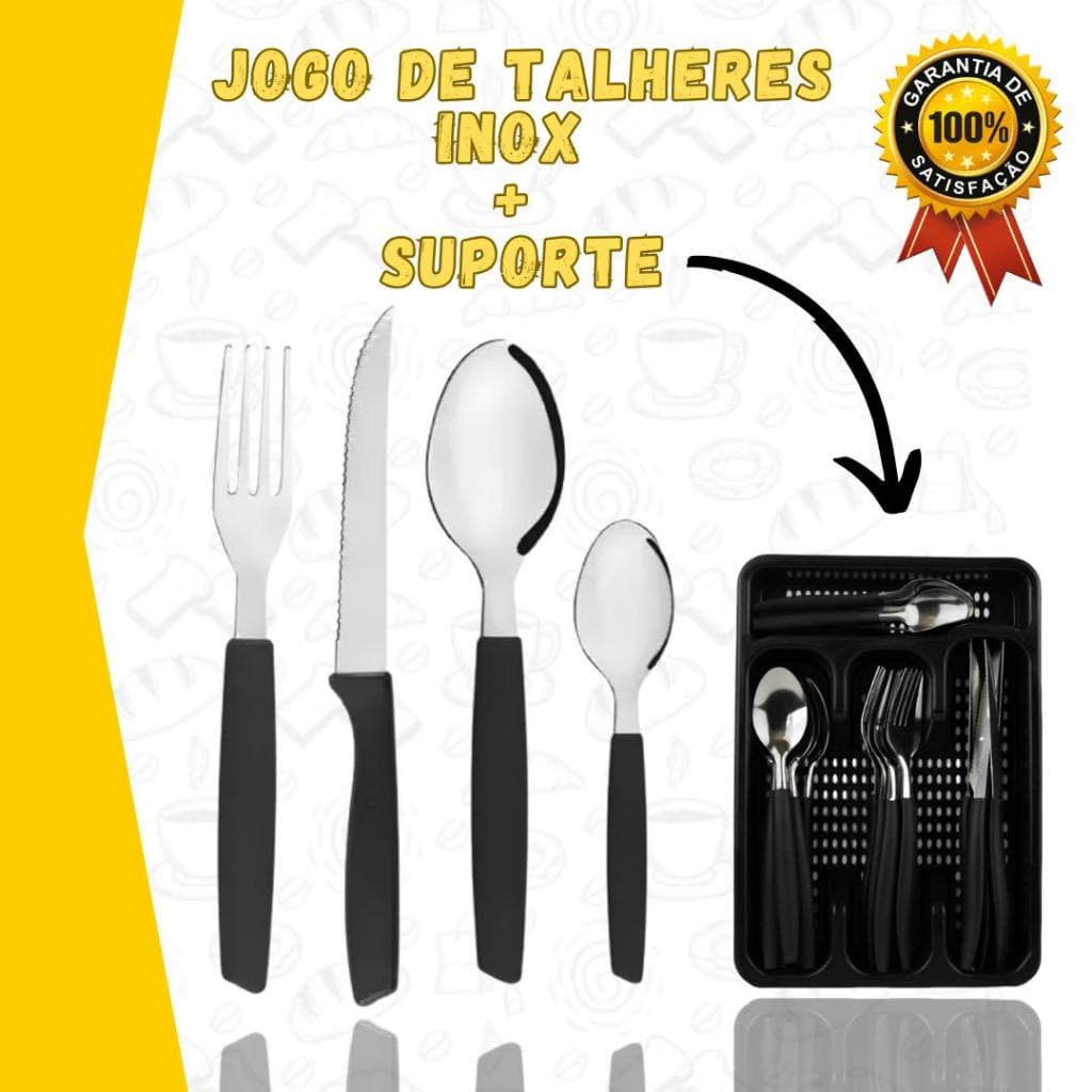 Conjunto de Talheres 25 Peças em Aço Inox Facas Garfos e Colheres com Cabo de Plástico e Suporte