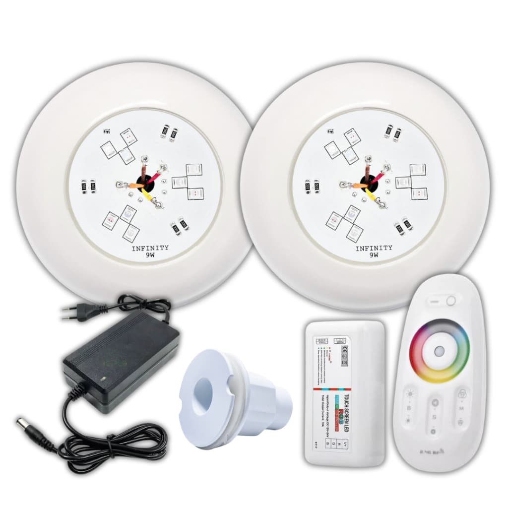 Kit Iluminação Piscina 02 Super Led ABS 9W RGB + Comando e Fonte + Adaptador de Fibra