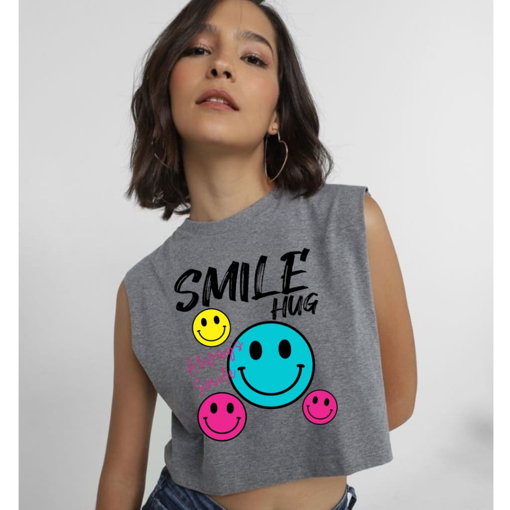 Camiseta Feminina Modelo Cropped Smile Estilo Gringo Qualidade Moda Blusinha Sem Mangas Não pega bolinha