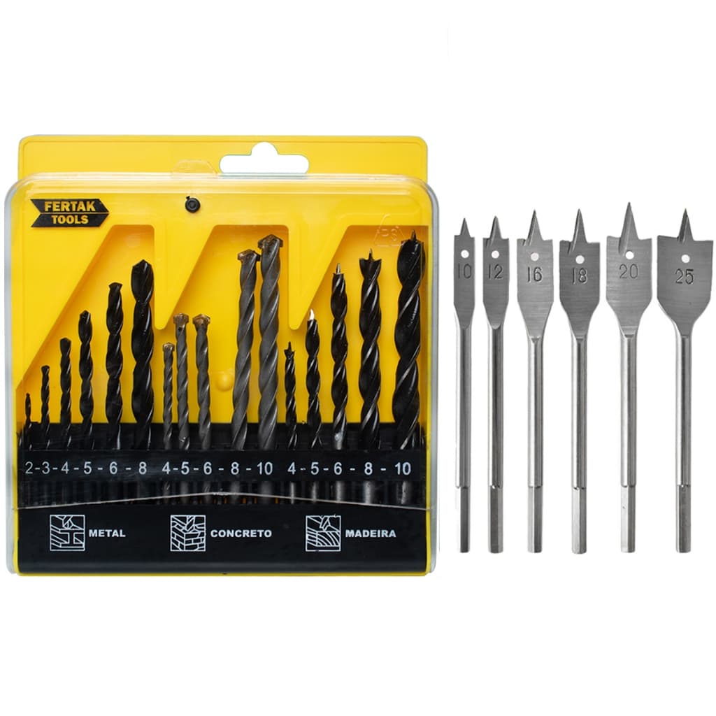 Jogo de Brocas Furar Concreto Madeira Ferro Kit de Broca Chata