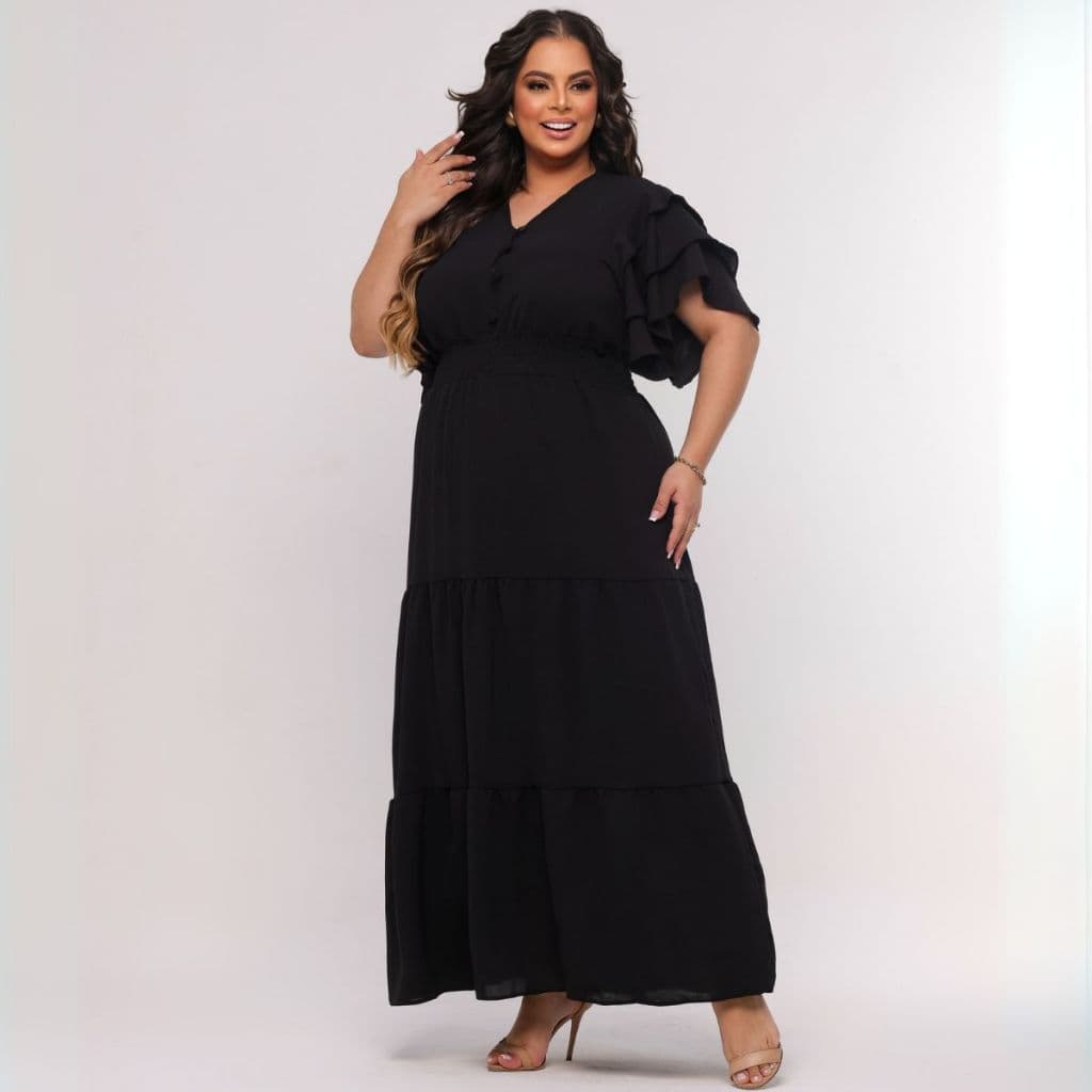 Vestido Feminino Longo Plus Size Elástico Manga Curta Confortável Elegante Casual Sofisticado