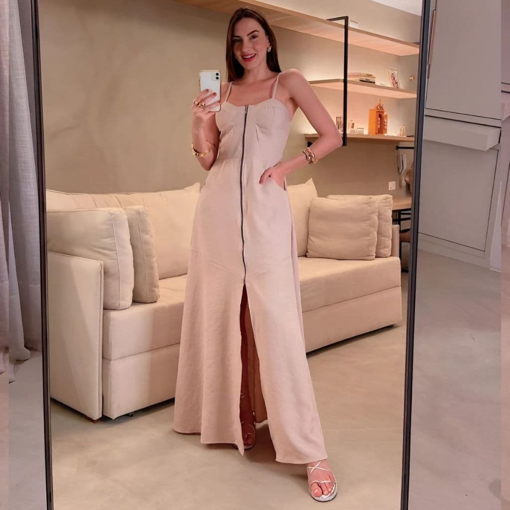 Vestido Longo Feminino Alças Finas Com Zíper Frontal Tecido Alfaiataria Sensorial