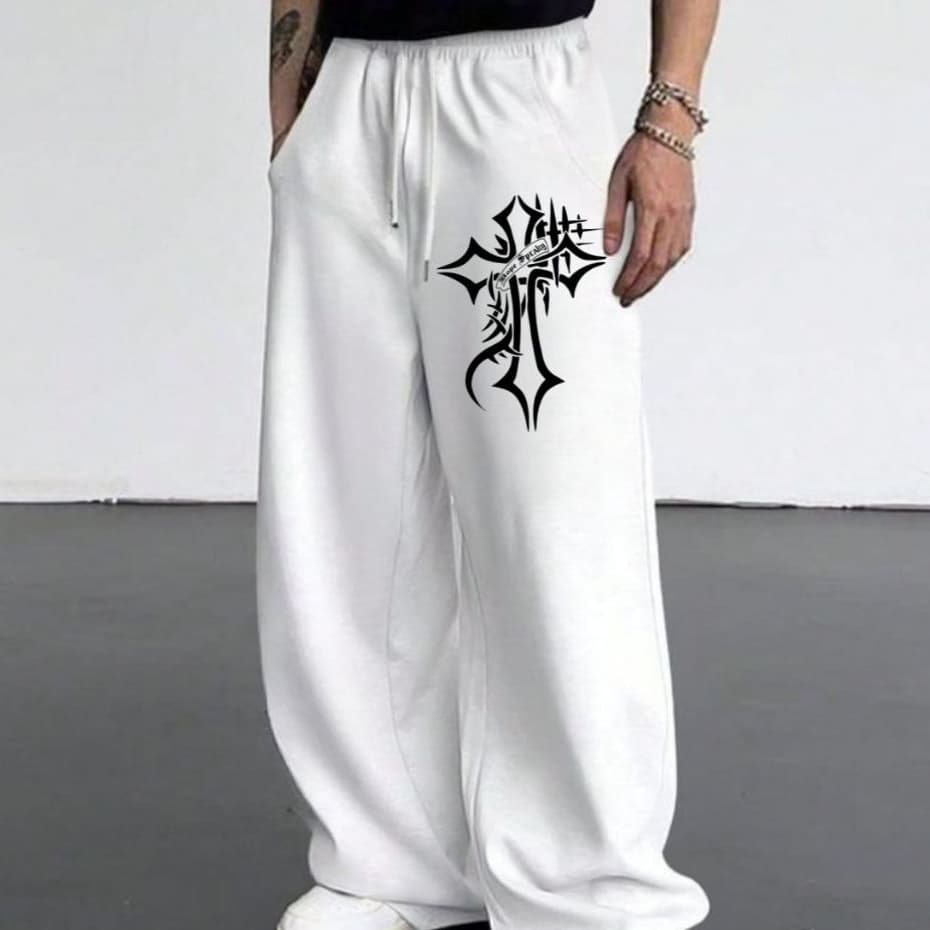Calça Moletom Masculina Larga Barra Reta Despojada Cruz Espinhos Frase Casual Algodão Tendencia