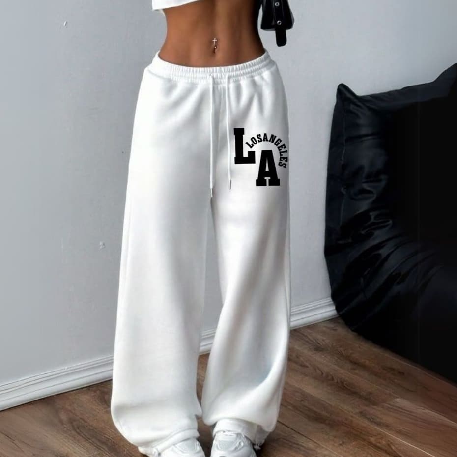 Calça Moletom Feminina Despojada Los Angeles City Moda Gringa Algodão Casual Barra Reta