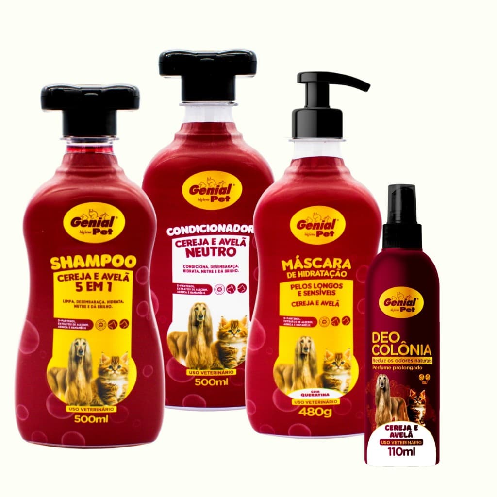 Kit Banho e Tosa Shampoo Condicionador Mascara De Hidratação Perfume Cereja Avelã Pet Shop Cao Gato