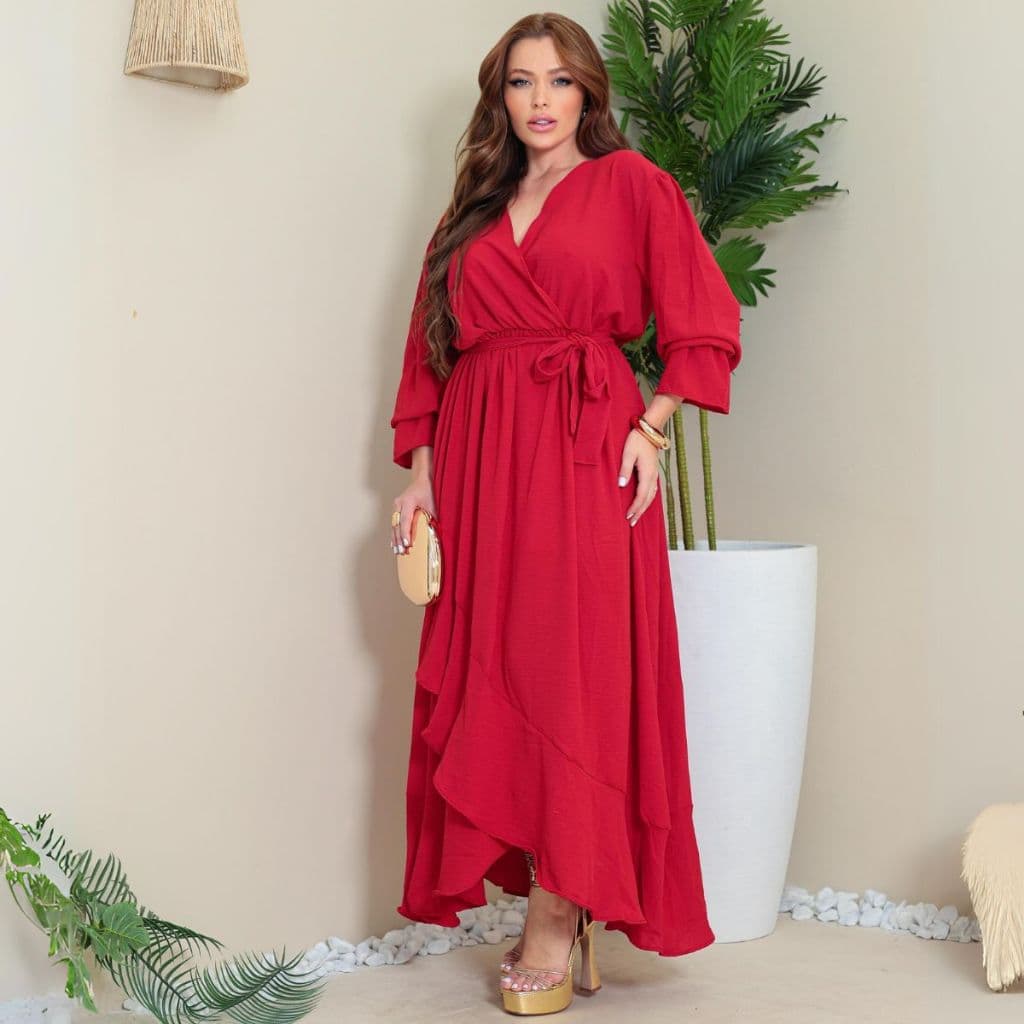 Vestido Longo Feminino Evangélico Decote V Amarração Cintura Solto Elegante