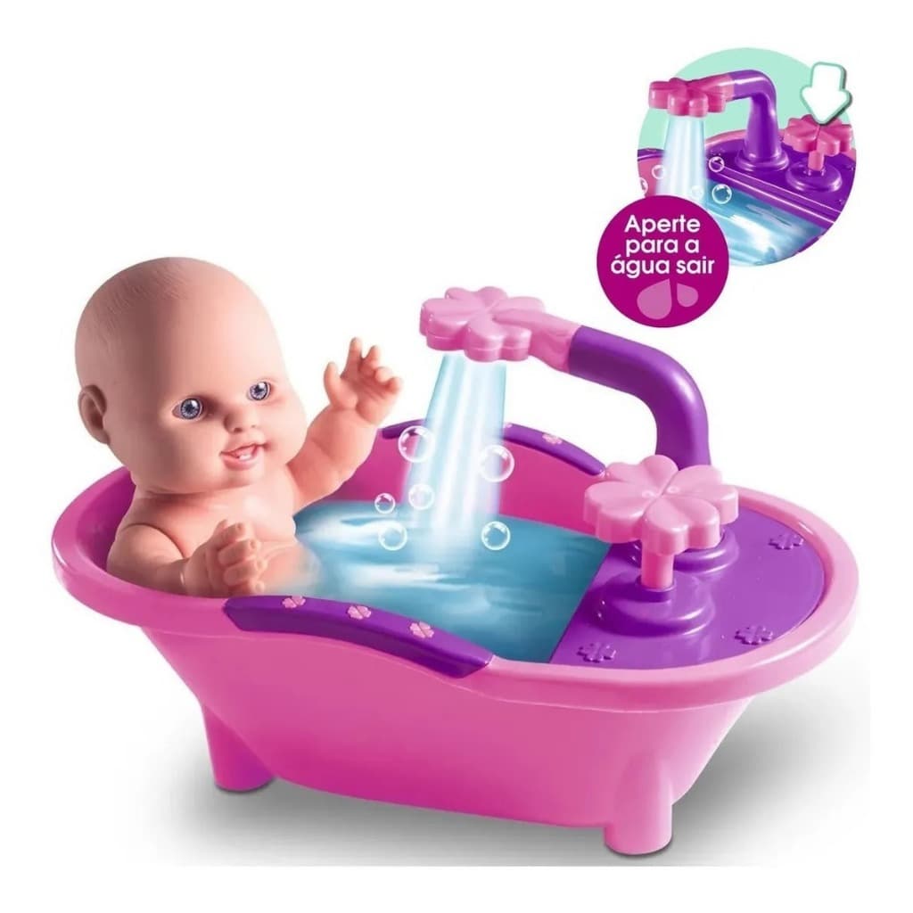 Boneca Banho Milkinhas Petit 20cm Com Banheira Que Sai Água Brinquedo Infantil Menina 3 Anos Presente Hora do Banho
