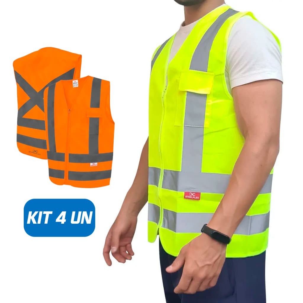 Kit 4 Coletes Refletivo Amarelo/Laranja Fluorescente com 1 Bolso SteelFlex