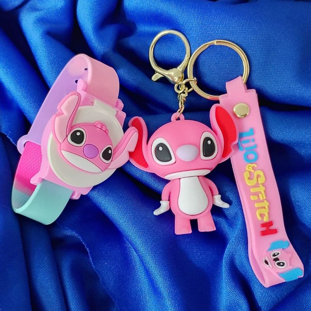 Kit 2 peças Stich relógio Digital Ajustável + chaveiro Disney infantil unissex borracha