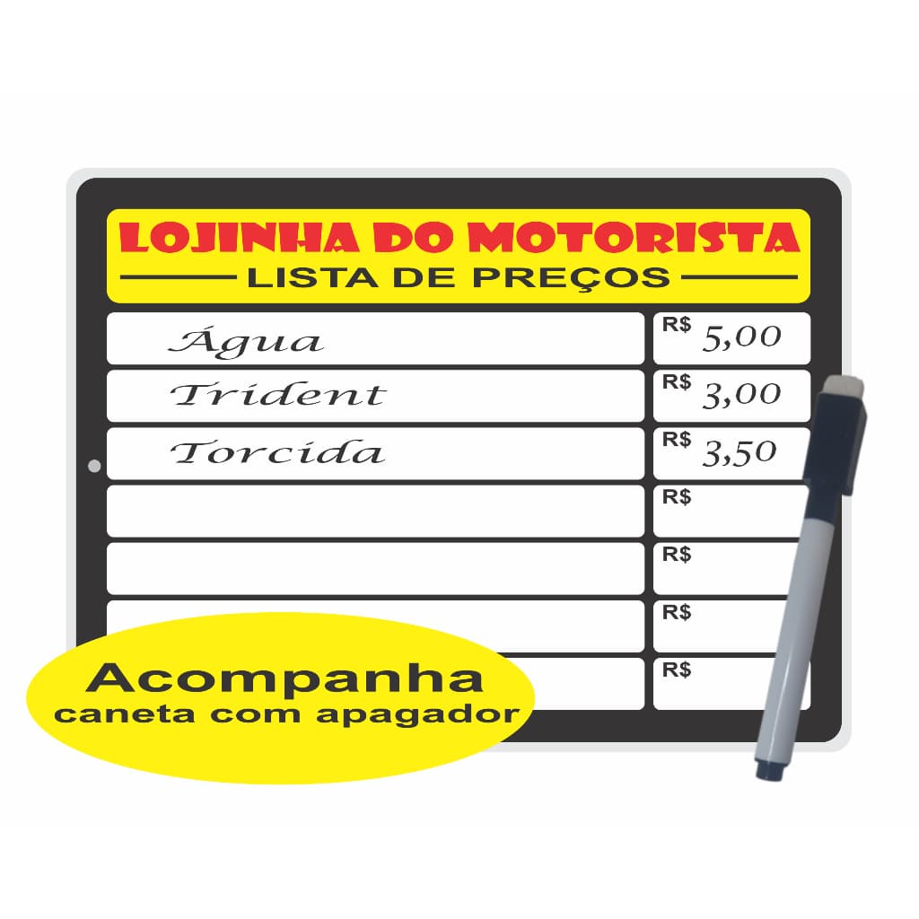 Plaquinha Lojinha do Motorista Placa lista de Preços Reutilizavel para Motorista de Aplicativo Uber 99