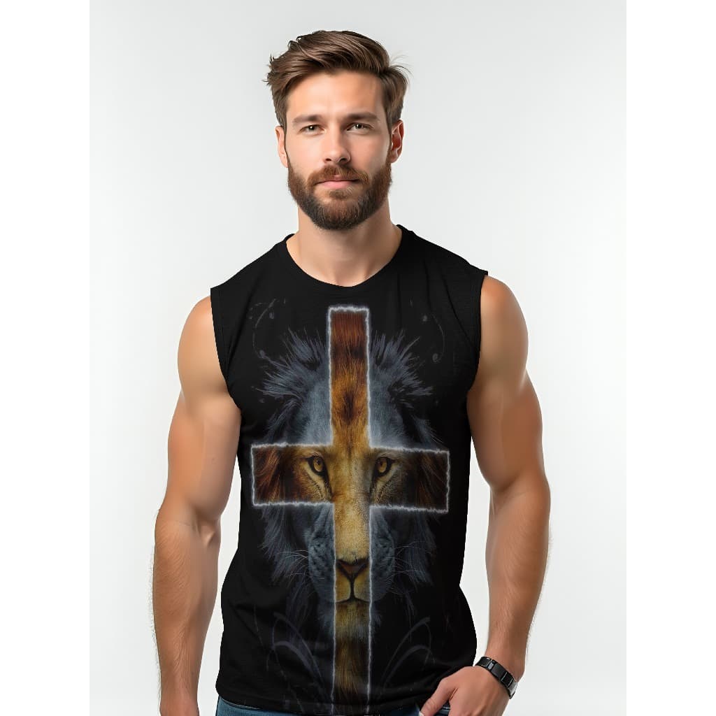 Camiseta Dry Fit Masculina UV 50+ Leão Cruz Estampada Academia Corrida Treino Casual