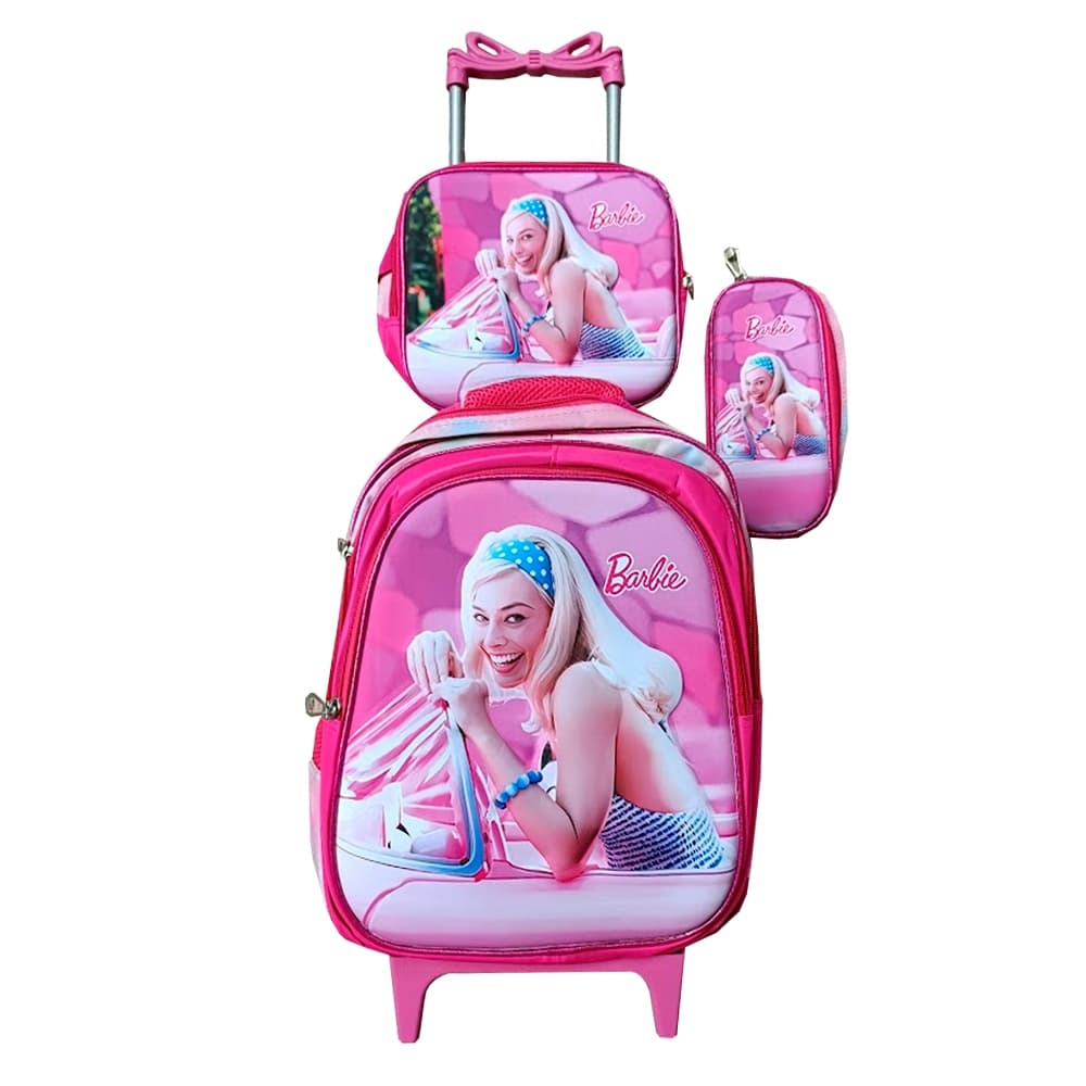 Kit Mochila da Barbie com Rodinhas em 3D Alto Relevo + Lancheira Térmica + Estojo Escolar Infantil