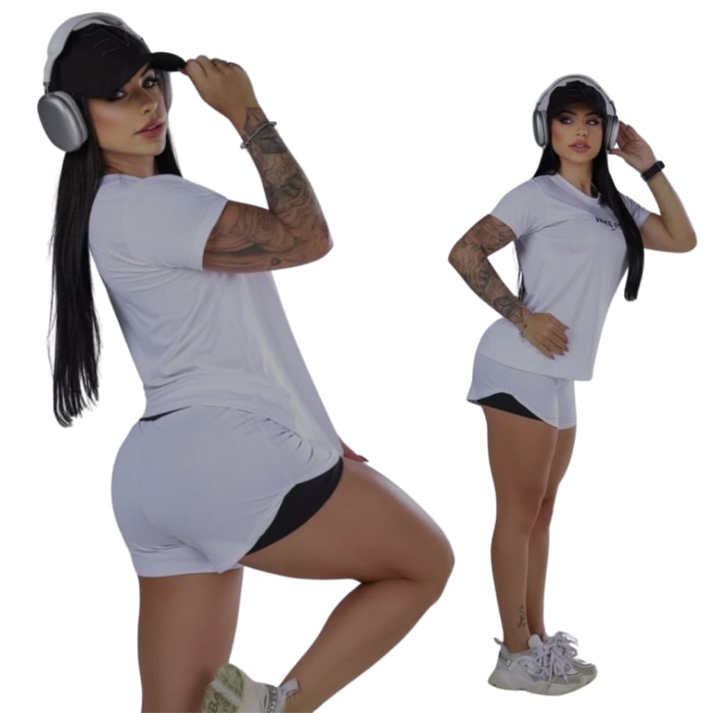 Conjunto Academia Feminino Dryfit - Short Duplo + Blusa