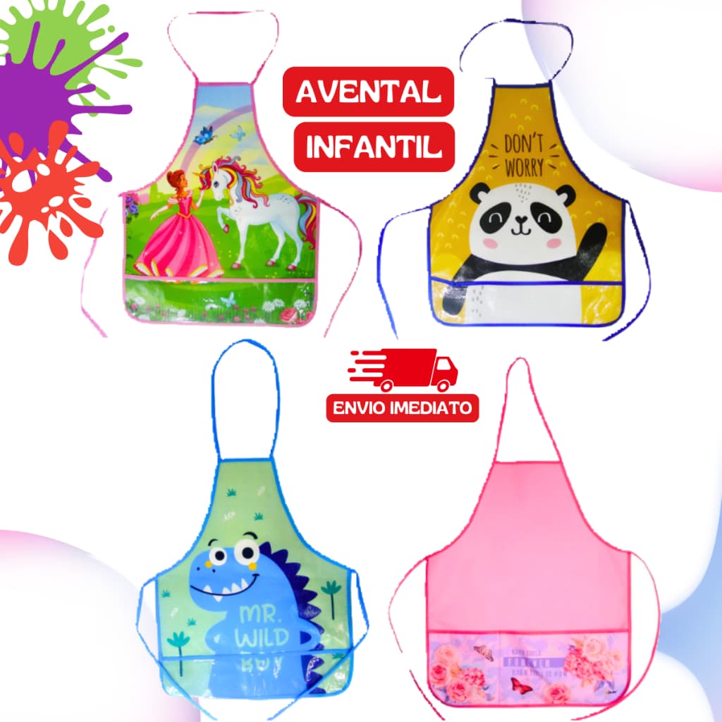 Avental Infantil Com Bolso Escolar Pintura Culinária Poliester Menina Menino