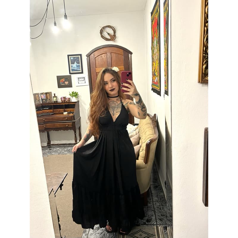 Vestido Preto Seda Longo Indiano Costas Aberta