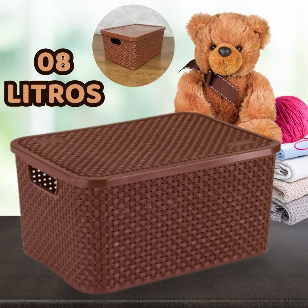Caixa Organizadora Rattan REFORÇADA Cesto Organizador Marrom 8 litros Plástico Reforçado Com Tampa Médio Caixa Café