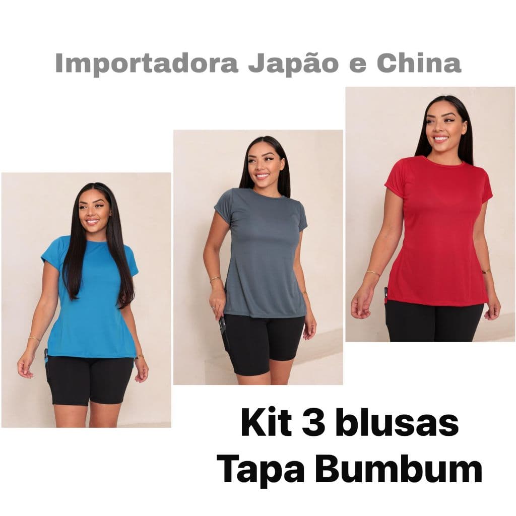 Kit 3 camisetas fitness - básica - tapa bumbum - academia - crossfit