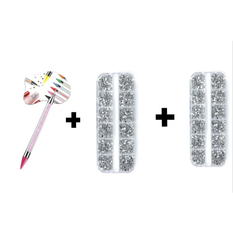 kit com 2 Estojo Kit Strass Prata +  Caneta Pega Strass