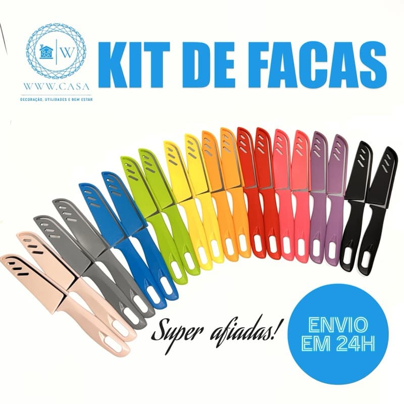 Kit 10 Facas Afiadas Coloridas de Cozinha Aço Inoxidável Corte Suave 20cm + Amolador de Faca/Alicate