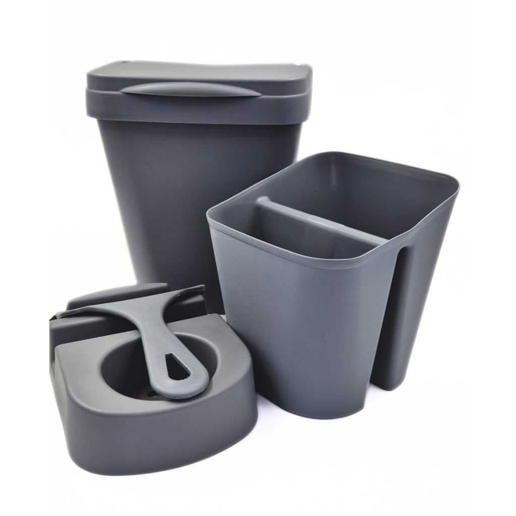 KIT COZINHA NA COR CINZA CONTENDO COM 1 LIXEIRA - 1 PORTA TALHER - 1 RODINHO - 1 PORTA DETERGENTE