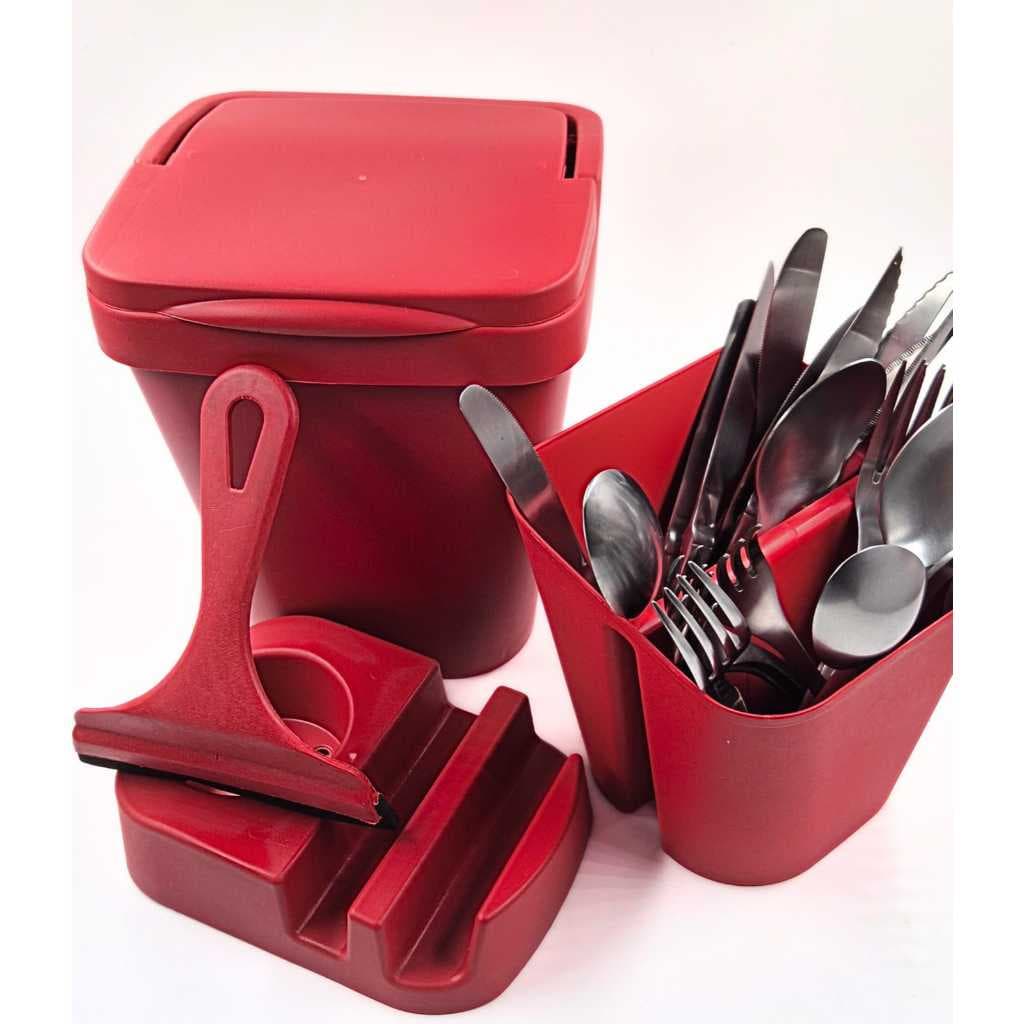 KIT COZINHA NA COR VERMELHA CONTENDO COM 1 LIXEIRA - 1 PORTA TALHER - 1 RODINHO - 1 PORTA DETERGENTE