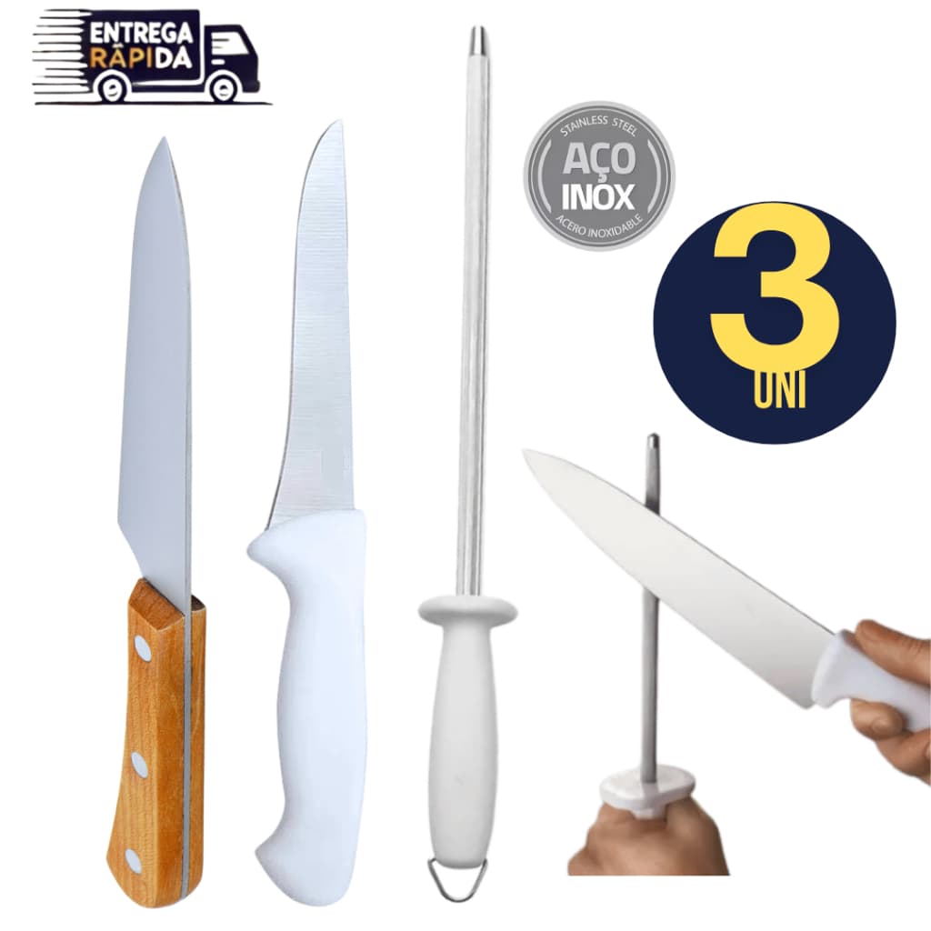 Kit 03 Unidades - Faca 6" Top Chef Premium + Faca com Cabo de Madeira + Chaira 10" Variáveis Utilidades Churrasco Carne