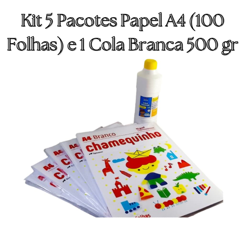 Kit 5 Pacotes Papel A4 Chamequinho 100 Folhas e 1 Cola Branca Piratininga 500 gr
