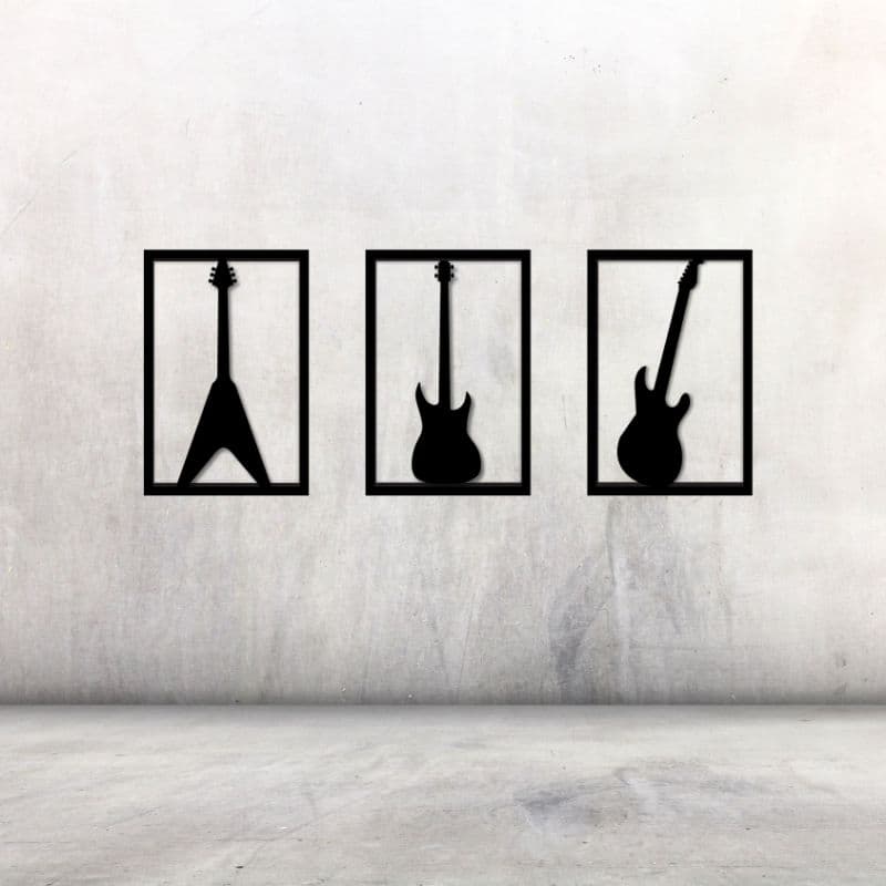 3 Quadros Decorativos Mdf Vazado Guitarra Rock