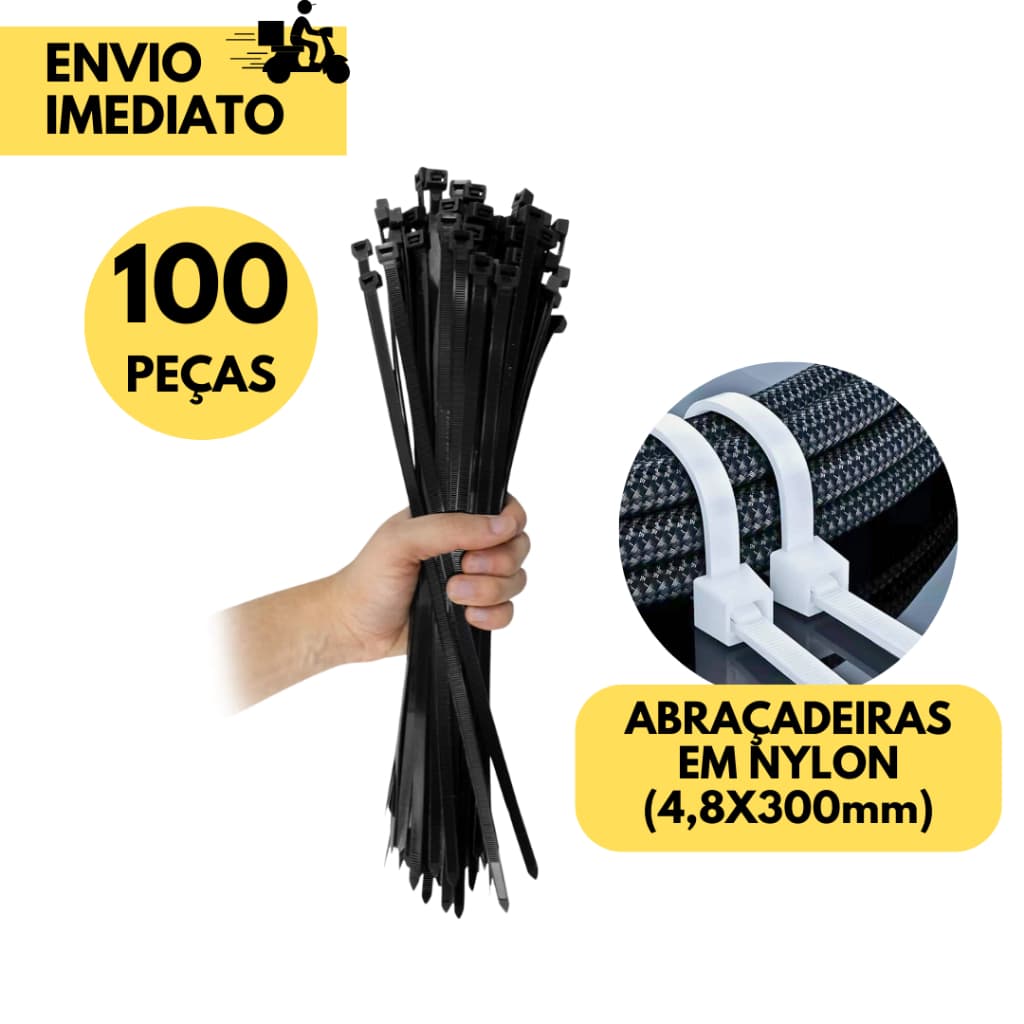 Abraçadeira de Nylon 4,8mm x 300mm c/ 100 Unidades Cintas Plásticas Preto Grande Ideal p/ Fixação