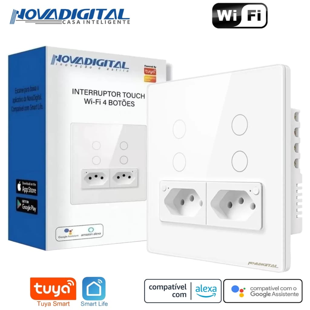 Interruptor Inteligente de 4 Botões e 2 Tomada Smart Wi-fi Tuya Nova Digital Compatível Alexa Google