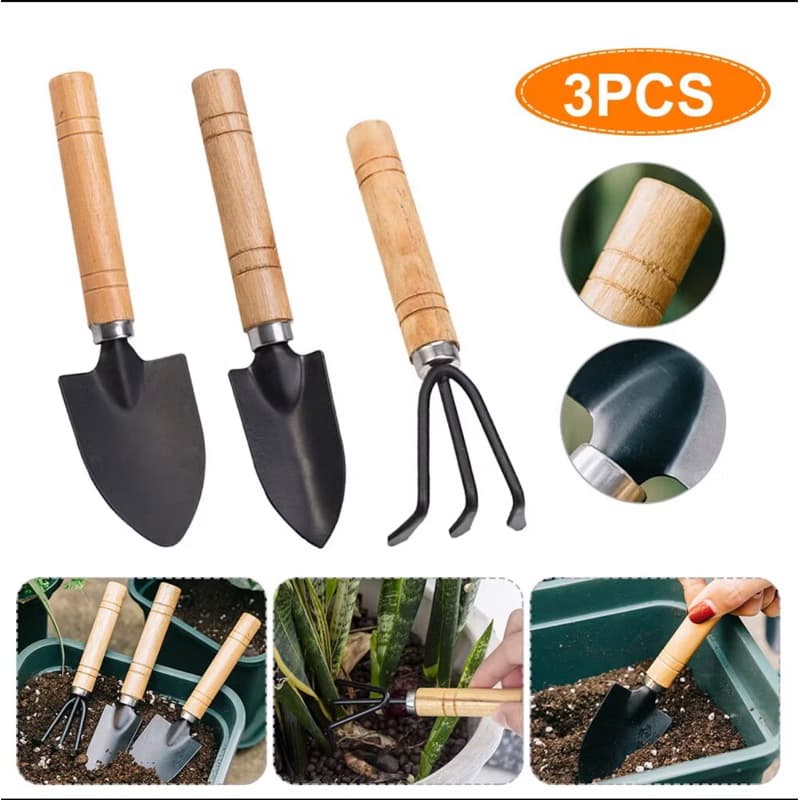 Kit para Jardim com 2 Mini Pás + mini Ancinho/Rastelo cabo de madeira Kit para Jardinagem