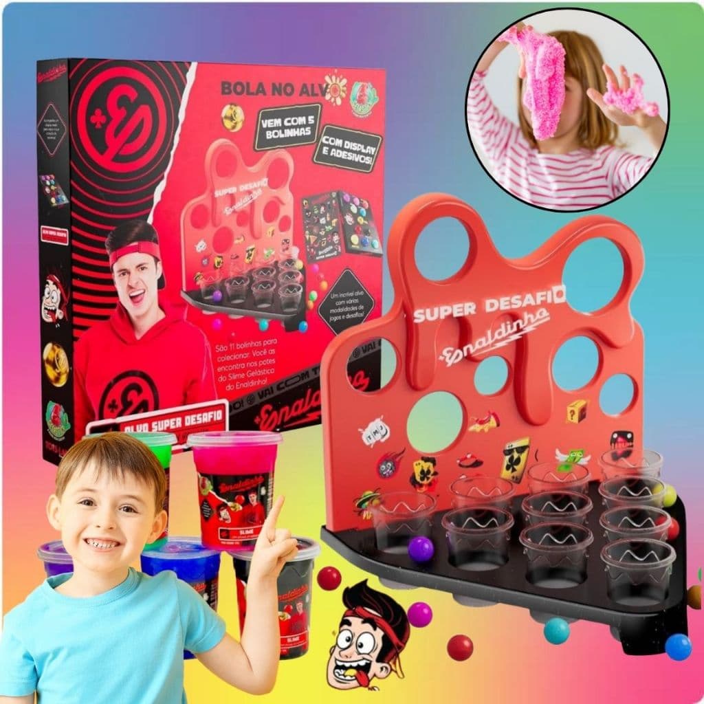 Jogo Enaldinho Bola no Alvo Super Desafio + 5 potinhos Slime com bolinha pula-pula colecionável