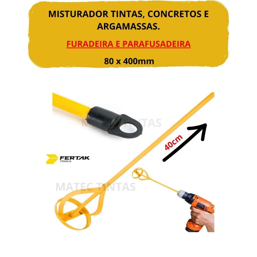 Batedor Misturador De Tinta Argamassa Gesso 80x400mm  ou 100x600mm Para Furadeira e Parafusadeira Amarelo.