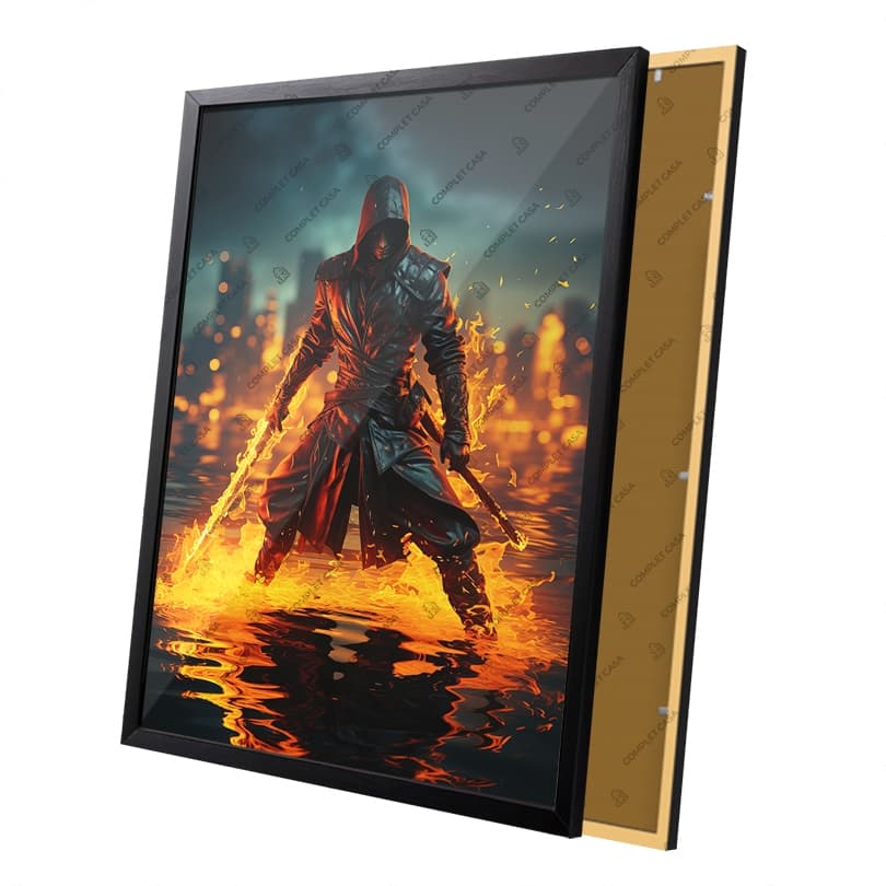 Quadro Ninja Espada de Fogo Guerra Moldura e Vidro
