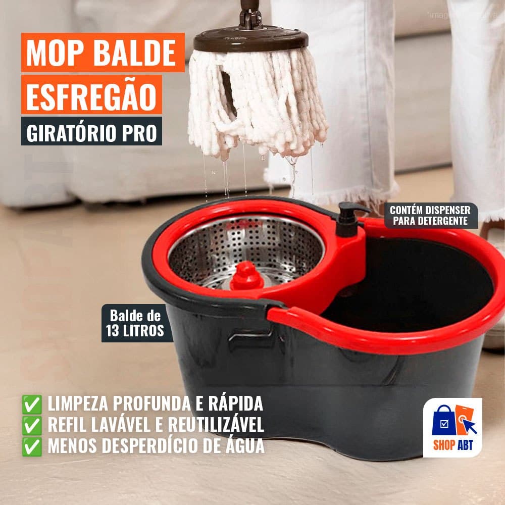 Mop Balde Esfregao Giratorio Centrifuga Seca 1 Refil Cesto Inox 13L Cabo Extensivel Com Roda E Alça Lava e 360 Limpeza