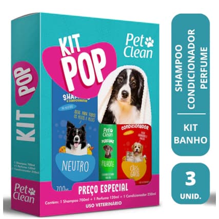 Kit Pop Shampoo Condicionador e Perfume Pet Clean Único Banho Cachorro Gato