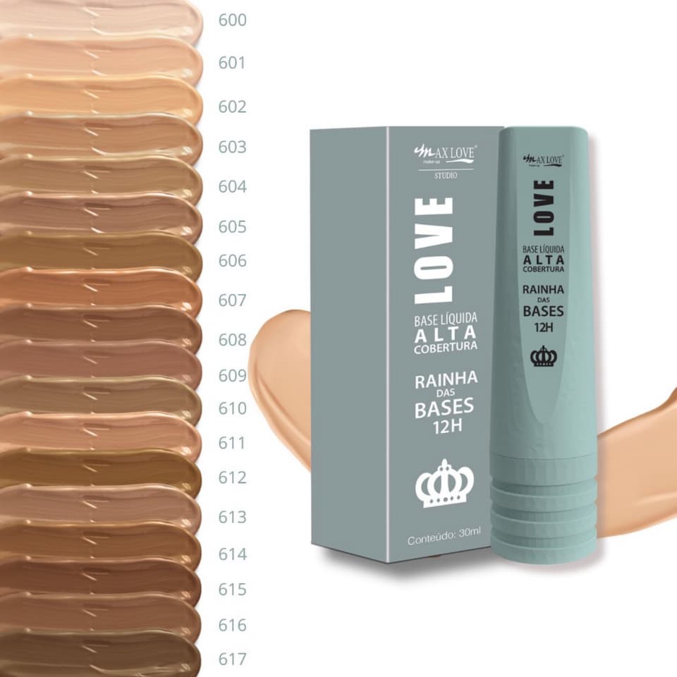 Base Líquida Max Love 12h Alta Cobertura Tom 600 ao 611 - 30ml