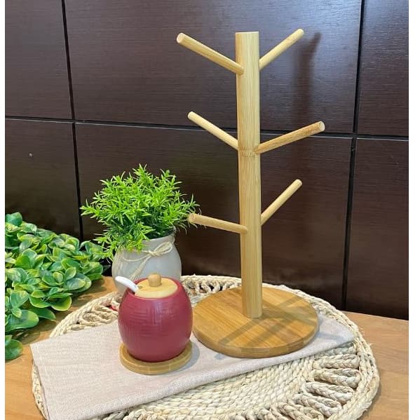 Suporte de bambu para 6 Xícara Açucareiro com detalhes em bambu para compor seu cantinho de café