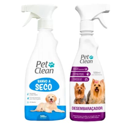 Kit Banho a Seco Liquido Spray + Desembaraçador Pelos Longos Para Cachorro e Gatos Pet Clean