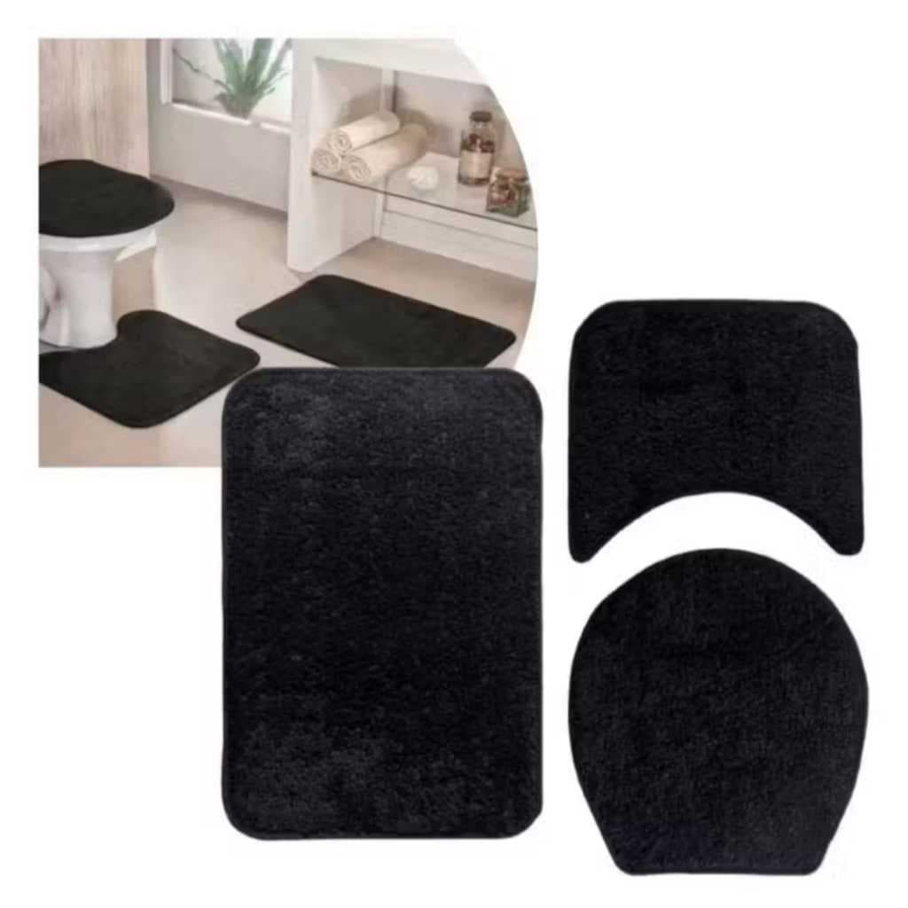 Tapete para Banheiro 3 Peças Pelúcia Algodão Macio Antiderrapante Rosa Preto Vermelho Cinza